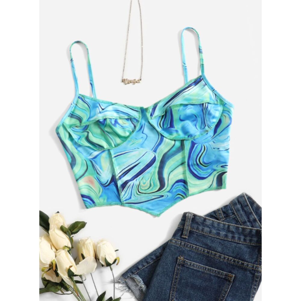Shein Crop Top 2XL Women's Blue Marble Swirl Spaghetti Strap Asymmetrical Hem